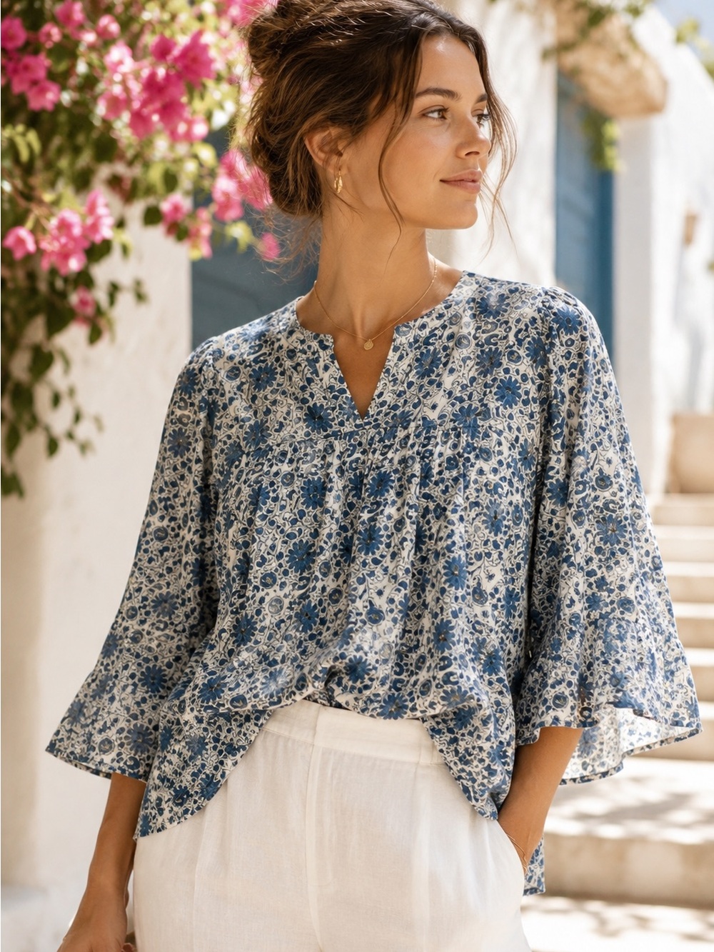 Pietsie KOS Madrid Floral Cotton Boho Peasant Blouse Blue XS Made USA